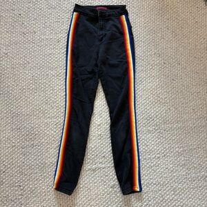 GUESS High Waisted Black Jeans with Colourful  Rainbow Stripe